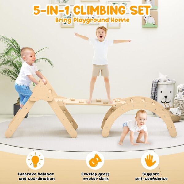 Toddler Climbing Toys, Montessori Pikler Triangle Set for Toddlers Inside, Foldable Climbing Set with Arch Ramp, Triangle Climber, Rock Climber, Slide, Rocker, Wooden Pikler Triangle Gym Indoor - Image 3