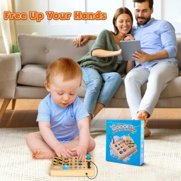 Busy Board Montessori Toys for Toddler, Wooden Sensory Board Switch Toy with Shape Sorter LED Light Up Toys Educational Plane Travel Activity for 1-6 Year Old Girls & Boys - Image 7