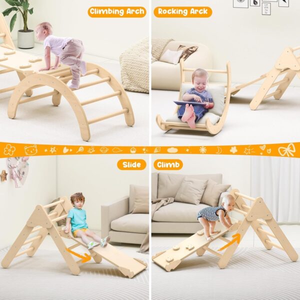 Toddler Climbing Toys, Montessori Pikler Triangle Set for Toddlers Inside, Foldable Climbing Set with Arch Ramp, Triangle Climber, Rock Climber, Slide, Rocker, Wooden Pikler Triangle Gym Indoor - Image 2