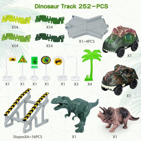 Dinosaur Toys, 252 PCS Create A Dinosaur World Road Race Tracks, Flexible Track Playset, 2pcs Dinosaur Car for 3 4 5 6 Year Old Boys Girls Best Gift - Image 2