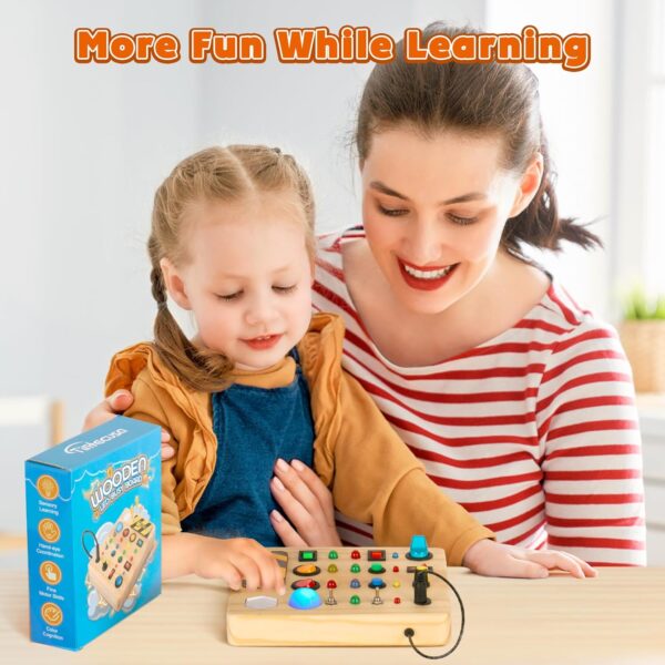 Busy Board Montessori Toys for Toddler, Wooden Sensory Board Switch Toy with Shape Sorter LED Light Up Toys Educational Plane Travel Activity for 1-6 Year Old Girls & Boys - Image 5