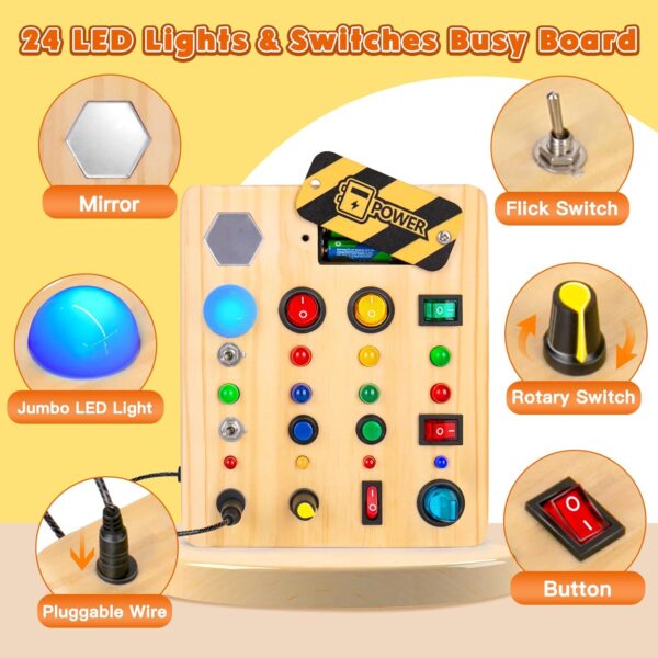 Busy Board Montessori Toys for Toddler, Wooden Sensory Board Switch Toy with Shape Sorter LED Light Up Toys Educational Plane Travel Activity for 1-6 Year Old Girls & Boys - Image 2