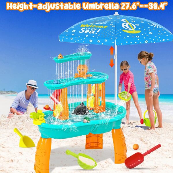 Upgraded Sand Water Table for Toddlers, Auto Water-Absorbing 3-Tier Outdoor Activity Table with Umbrella & 20PCS Water Toy Accessories, Outside Water Play Toys Sensory Table for Kids Summer Toy Gift - Image 2