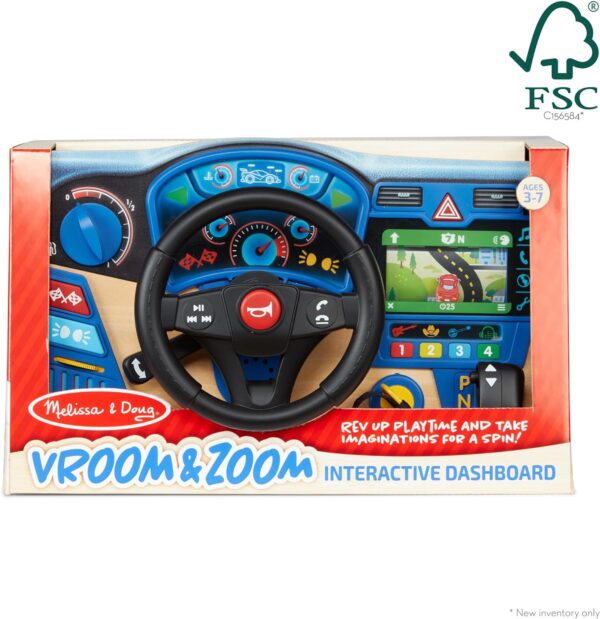 Melissa & Doug Vroom & Zoom Interactive Wooden Dashboard Steering Wheel Pretend Play Driving Toy - FSC Certified - Image 4