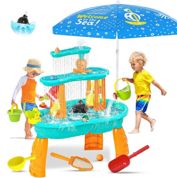 Upgraded Sand Water Table for Toddlers, Auto Water-Absorbing 3-Tier Outdoor Activity Table with Umbrella & 20PCS Water Toy Accessories, Outside Water Play Toys Sensory Table for Kids Summer Toy Gift