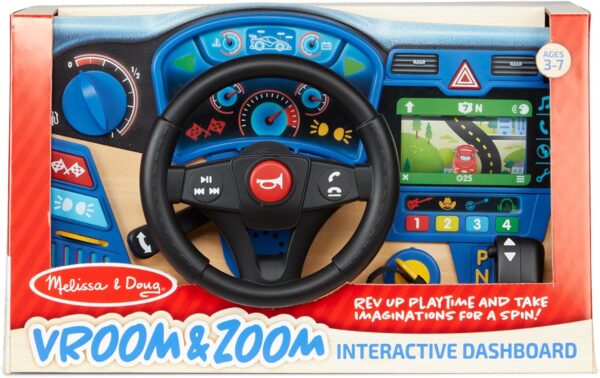 Melissa & Doug Vroom & Zoom Interactive Wooden Dashboard Steering Wheel Pretend Play Driving Toy - FSC Certified - Image 3