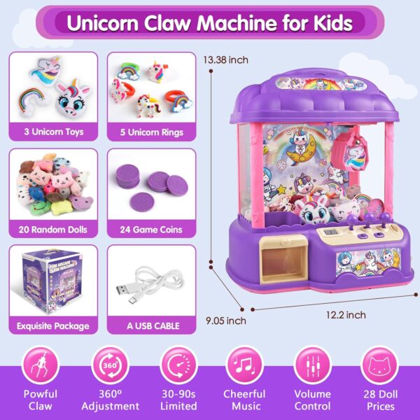 Unicorn Claw Machine for Kids,Mini Vending Candy Grabber Machines ,Electronic Arcade Claw Game Machine for Girls Boys,Prize Dispenser Toys for Party Birthday Easter Gifts with 28 Mini Plush Toys - Image 4