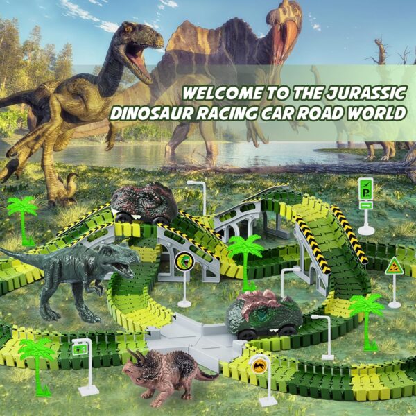 Dinosaur Toys, 252 PCS Create A Dinosaur World Road Race Tracks, Flexible Track Playset, 2pcs Dinosaur Car for 3 4 5 6 Year Old Boys Girls Best Gift - Image 6